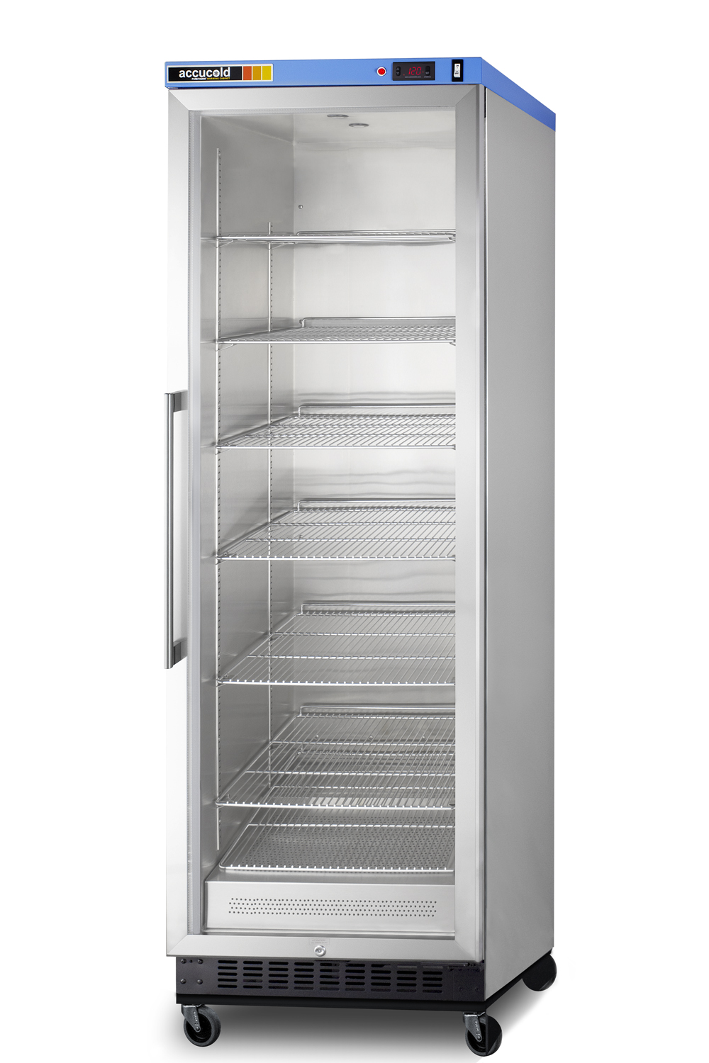 Single chamber passive heating blanket warmer with a self-closing glass door, stainless steel interior, digital thermostat, stainless steel cabinet, and lock